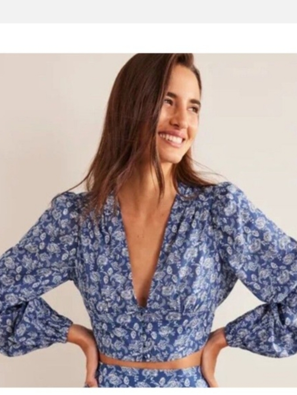 Boden Cropped Plunging Neckline Blue White Floral Print Top Size US 10